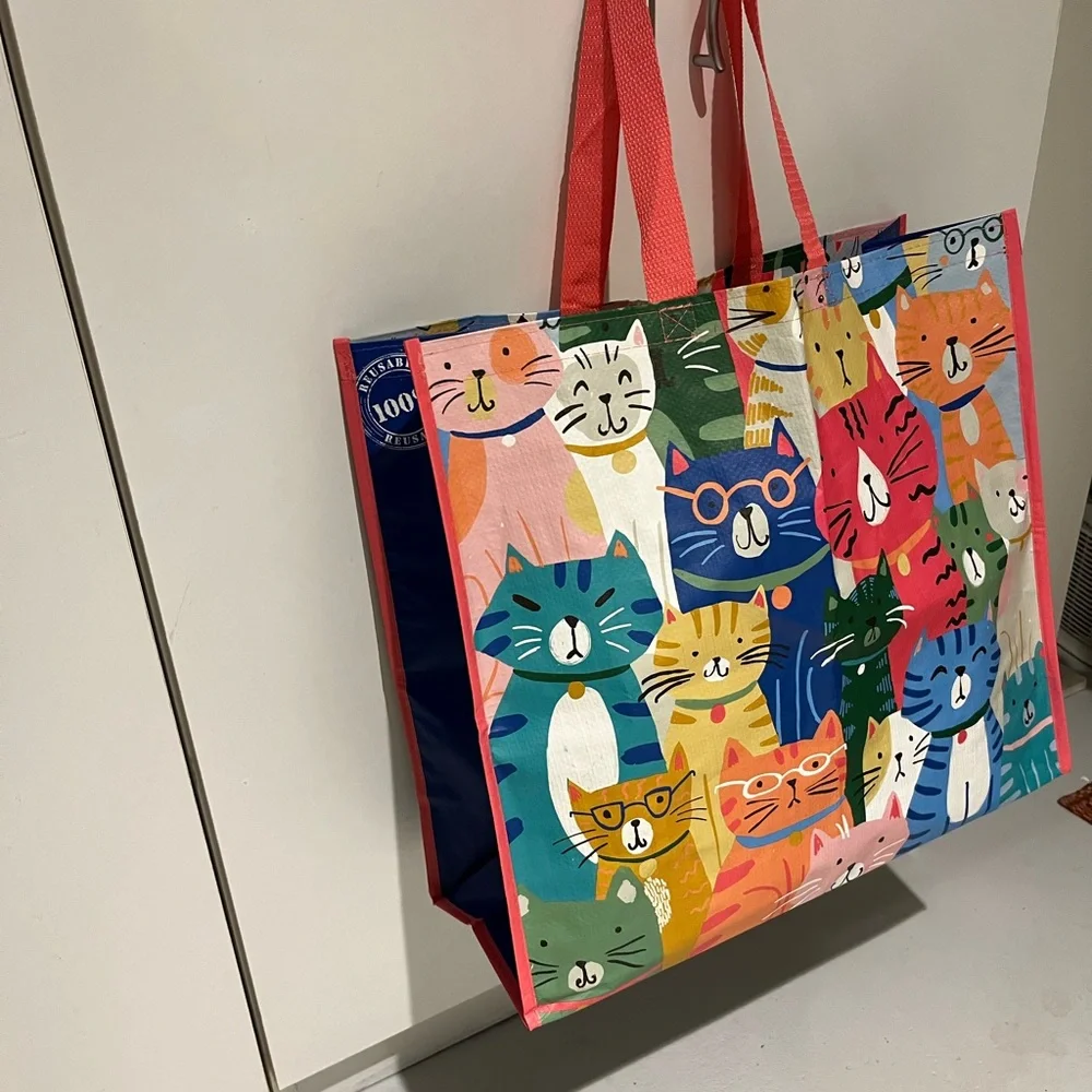 Colorful Large Kitty CATS Pattern Reusable Tote Bag - Pink Handles Cat lovers!! - Picture 5 of 7